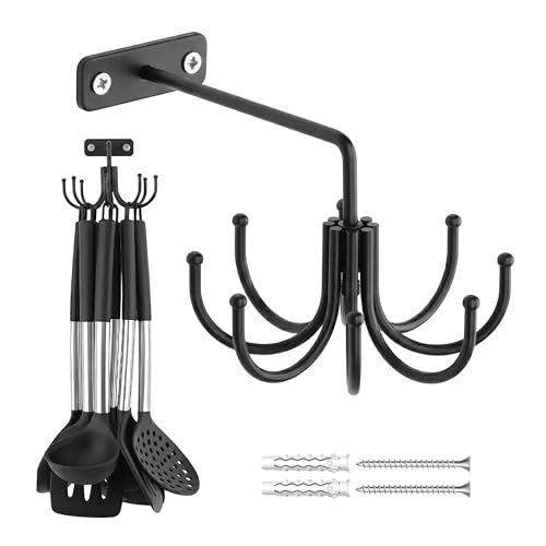 Kitchen Cooking Utensil Holder, 360° Rotating Kitchen Hooks for Hanging Utensils, Heavy Duty Metal Utensil Rack with 8 Storage Capacity for Utensil, Towel, Pot, Glove, Aprons, Black