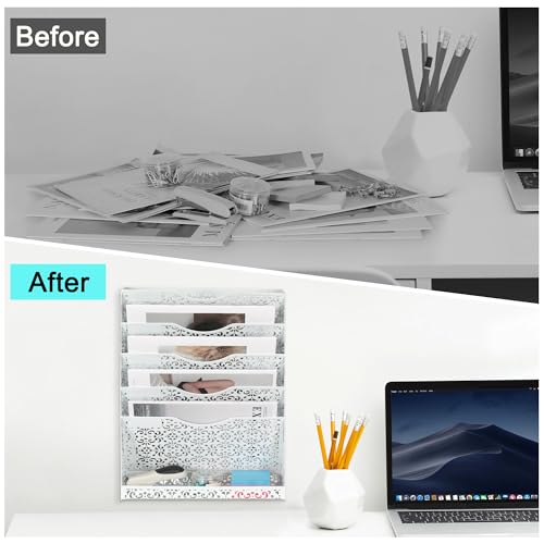 Desk File Organizer Heavy Duty Metal Wall Mount File Holder 5 Tier Mail Paper Folder Holder with Bottom Tray for Office Home Cubicle Countertop, White - view 7