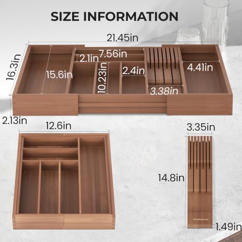 Expandable Bamboo Silverware Organizer with Knife Block, Brown - view 6