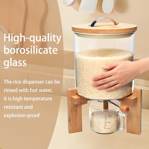 Rice Dispenser, Rice Storage Container, Flour and Cereal Container for Kitchen Organization and Pantry Store, Glass Cereal dispenser with Airtight Lid and Wooden Stand 5L - view 2