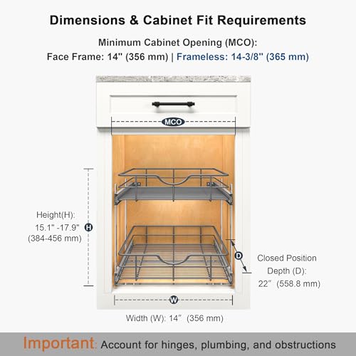 2 Tier Pull Out Cabinet Organizer - 14" W x 22" D Soft Close Slide Out Shelves with Shelf Liners - Pullout Drawers for Kitchen Cabinets, Pantry, Bathroom, Heavy Duty Steel Wire Baskets - view 2