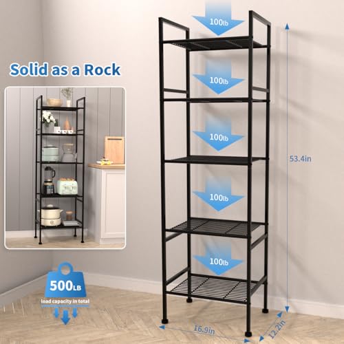 5-Tier Wire Shelving Metal Rack Shelves, Standing Storage Shelf Units Flat for Laundry Bathroom Kitchen Pantry Closet Organization (Black, 16.9" L x 12.2" W x 53.4" H) - view 3
