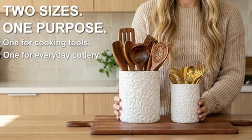 2-Piece Engraved Ceramic Utensil Holder Set for Kitchen, 7.3 & 5.4 Inch - view 2