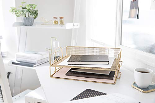 Paper Tray Stackable Gold Mesh Set of 2 | Stackable File Trays for Desk Organization | Tiered Desk Organizer with Metal Letter Trays - view 2