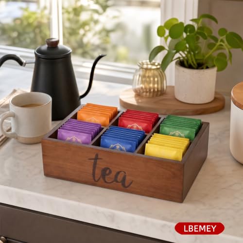 Tea Bag Organizer, Wood Tea Storage Containers with 6 Compartments, Sugar Packet Holder,Tea Bag Caddy Box for Cabinet Countertop Office (Brown-Labeled "Tea") - view 2
