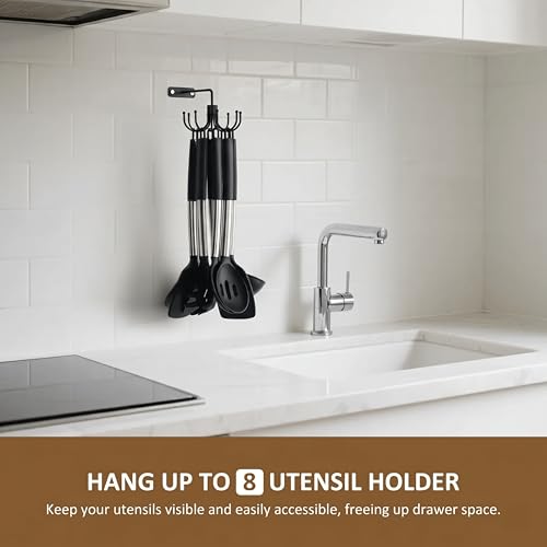 Kitchen Cooking Utensil Holder, 360° Rotating Kitchen Hooks for Hanging Utensils, Heavy Duty Metal Utensil Rack with 8 Storage Capacity for Utensil, Towel, Pot, Glove, Aprons, Black - view 2