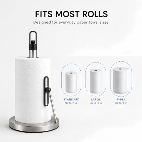 Paper Towel Holder with Spray Pump, All-in-One Countertop Paper Towel Stand with Refillable Bottle, One-Handed Tear Kitchen Roll Holder, Weighted Base, Brushed Stainless Steel(Chrome) - view 4