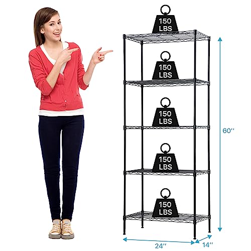 5-Tier Wire Shelving Unit, 750lb, 24 x 14 x 60 in, Black - view 3