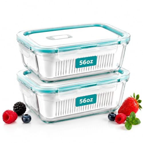 2 Pack 56oz Glass Berry Container for Fridge,with Removable Colander and Vent Valve,Fresh Fruit and Vegetable Storage Set