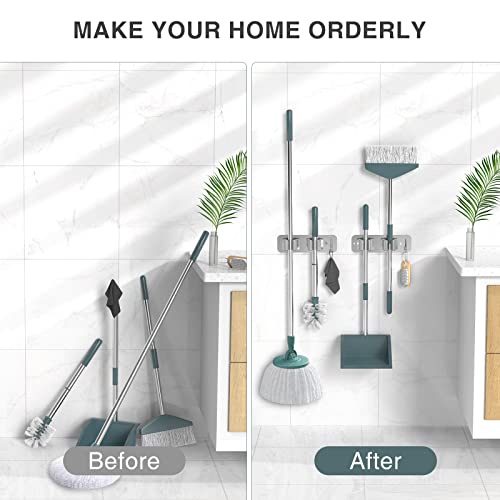 Wall Mount Mop and Broom Holder, Heavy Duty Stainless Steel Organizer Rack with Hooks | 2-Pack, 2-in-1 No Drill & Screw Installation, Silver - view 3