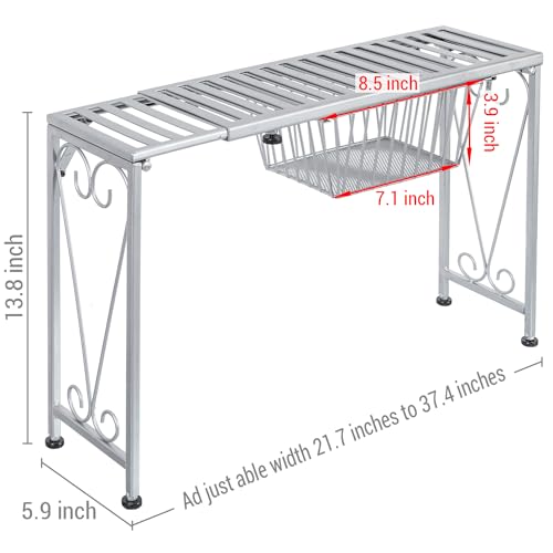 Silver Metal Over The Sink Organizer Shelf with Pull Out Drawer, Expandable Kitchen Caddy Rack, Bathroom Storage Shelf Riser with Scrollwork Design - view 3
