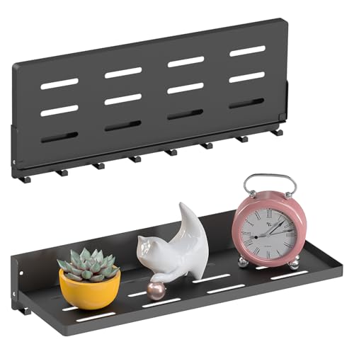 Folding Shelf with Hooks Wall Mount, Laundry Room Metal Shelves, Fold Up 90° and 8 Hooks, Foldable Storage Wall Shelf for Rv, Utility Room, Garage, Space Saving, Black（17.0", 2 Pack）