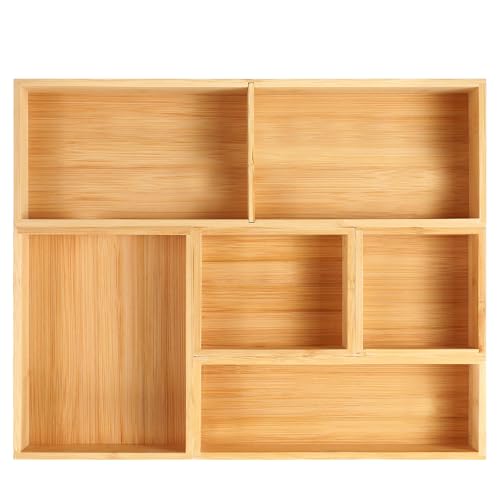 Bathroom Drawer Organizer, Bamboo Box Bin for Junk Vanity Desk Makeup Drawer, Small Wooden Container Tea Storage Organization Tray for Kitchen Office, Set of 5