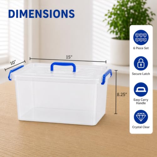 Plastic Organizer Box Set - 6 Pack Stackable Clear Totes with Snap Handles, Latching Lid, Transparent Containers for Home, Garage, Closet, Office Organization - Durable Storage Solution - view 5