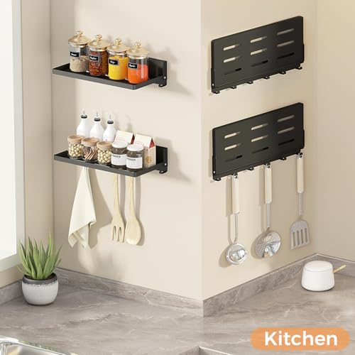 Small Folding Metal Shelf with Hooks, RV Fold-Down Wall Shelf, 6 Hooks, Drop Down Floating Shelf for Laundry Room, Kitchen, Bedside, Toilet Room, Bathroom, Utility, Black（11.8", 1 Pack） - view 6