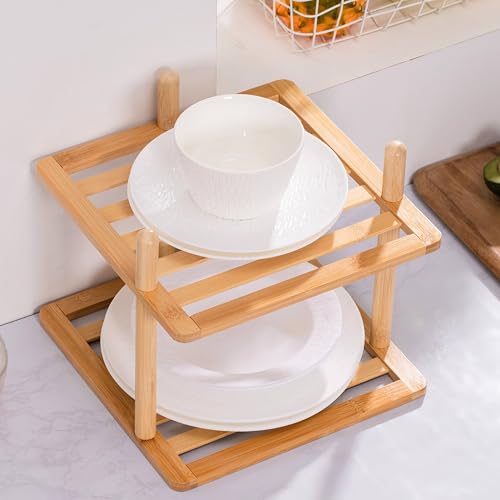 2-Tier Bamboo Plate Organizer,Corner Shelf for Kitchen | Pantry Storage,Dish Rack,Spice Rack,Corner Organizer,Kitchen Counter Shelves,Kitchen Storage,Holds Plates - view 2