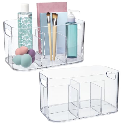 Bliss 5-Compartment Plastic Cosmetics Storage Organizer, Set of 2 | Clear | Rectangular Divided Makeup Bin & Vanity Caddy with Pass-Through Handles | Round Corner Design | Made in USA