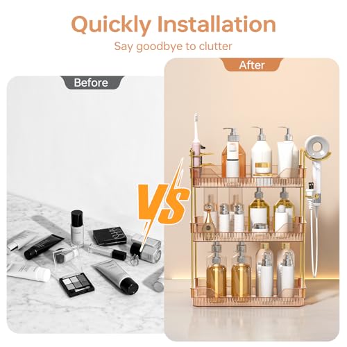 3-Tier Bathroom Countertop Organizer - Amber Acrylic Vanity Trays with Hair Dryer & Toothbrush Holder - Luxury Skincare, Perfume & Makeup Storage Rack for Countertop, Dresser & Cabinet - view 3