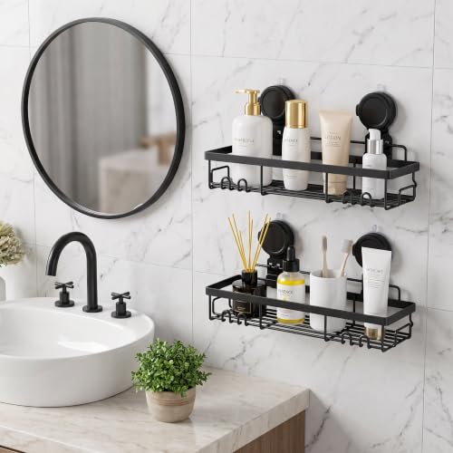 Suction Cup Shower Caddy Shelf Organizer Rack, Black Bathroom Shelves Basket, Home Farmhouse Wall Inside Organization and Storage - view 6