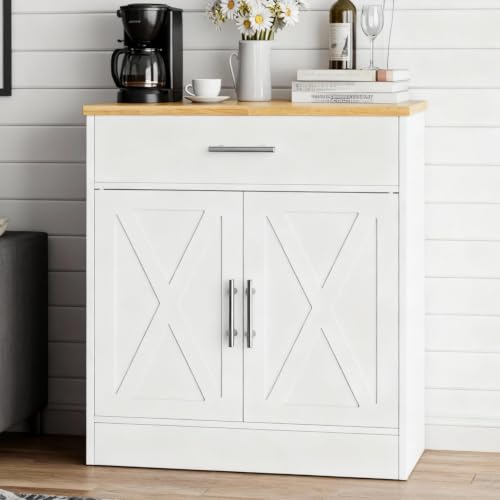 Coffee Bar Cabinet, Wooden Storage Cabinet with 2 Doors and 1 Drawers, Adjustable Shelf, Modern Farmhouse Kitchen Buffet Sideboard Cabinet with Storage for Kitchen, White&Yellow