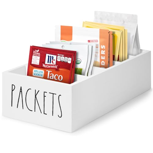 Seasoning Packet Organizer, Spice Packet Storage Organizer with 5 Compartments, Wooden Food Packet Organizer, Caddy Storage for Kitchen Pantry Cabinet, Modern Kitchen Organization Bins (White)