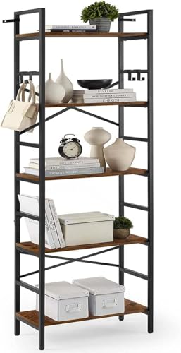 5 Tier Bookshelf, 5 Tier Bookshelves, Home Office Bookcase Shelf Storage Organizer, Industrial Narrow Bookcase, Display Standing Shelf Units, Metal Frame Display Rack with 4 Hooks Rustic Brown