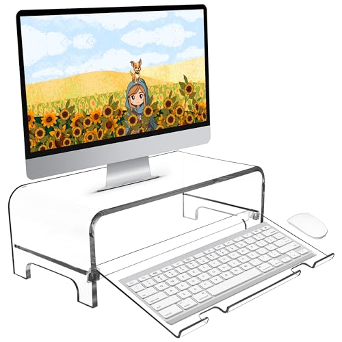 2 Tier 5.7 Inch High Acrylic Laptop Monitor Stand & Computer Riser with Cat Keyboard Protector, Space-Saving Design, Extra Storage, Clear Shelf - Ideal for Monitors, Laptops, Printers, Desktop