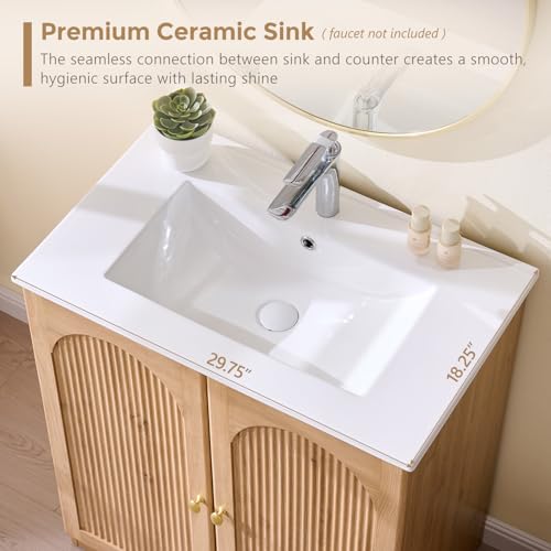 30 Inch Arched Bathroom Vanity with Sink, Fluted Design, Natural Oak - view 3