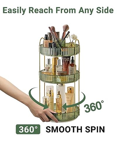 360 Rotating Makeup Organizer,3 Tier Large Capacity Make Up Organizers and Storage,Skincare Perfume Vanity Organizers,Bathroom Cosmetics Storage Organizer Countertop (Green) - view 3