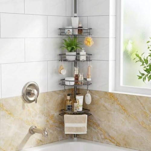 Shower Corner Caddy Organizer, Rustproof 4-Tier Tension Pole Shelf, Grey