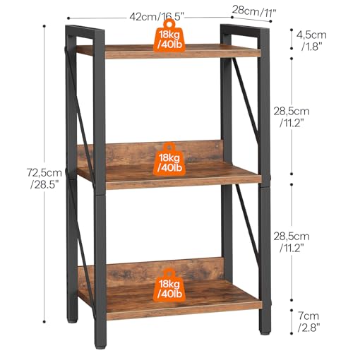 Bookshelf, 3-Tier Industrial Bookcase, Book Shelf Storage Organizer, Small Bookshelf with Metal Frame for Living Room, Bedroom, Home Office, Kitchen, Rustic Brown and Black BF71SJ01 - view 3