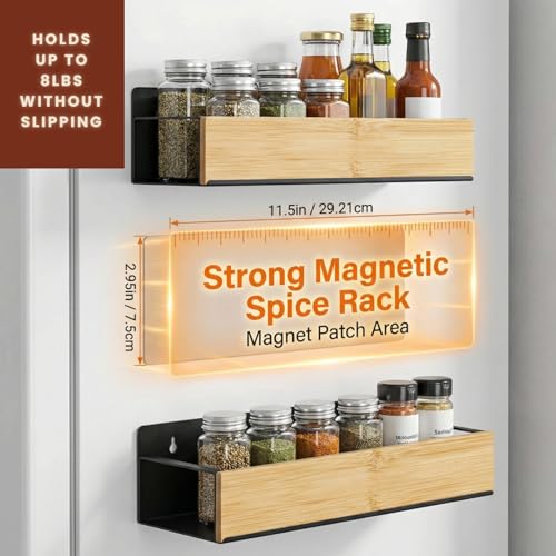(4 Pack) Magnetic Spice Storage Rack Organizer for Refrigerator and Oven, Real Bamboo, 4 Strong Magnetic Shelf, Black Fridge Storage, Spice Rack Organizer, high quality metal - view 3