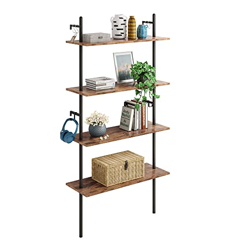 65" Industrial Wall-Mounted Ladder Shelf 4 Tier Bookshelf with Storage Organizer Plant Flower Display Stand Round Tube Bookcase Rack with 2 Hooks for Home Office,Large,Rustic Brown - view 7