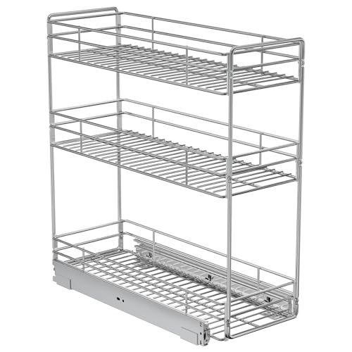 3-Tier Pull Out Cabinet Organizer for Narrow Cabinet (8.5" W X 20.5" D), Kitchen Cabinet Organizer and Storage Cabinet Pull Out Shelves Under Cabinet Storage for Kitchen, Chrome