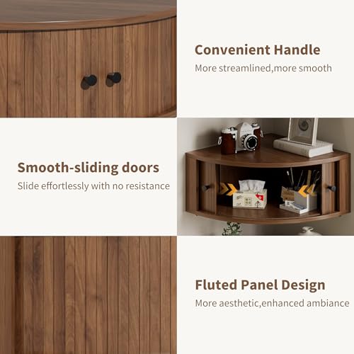 Corner Shelves Wall Cabinet Set of 3, Floating Corner Shelf Organizer with Sliding Doors, Fluted Wall Cabinet for Living Room, Bedroom, Office, Small Space, Walnut (Curved, 15.74“) - view 5