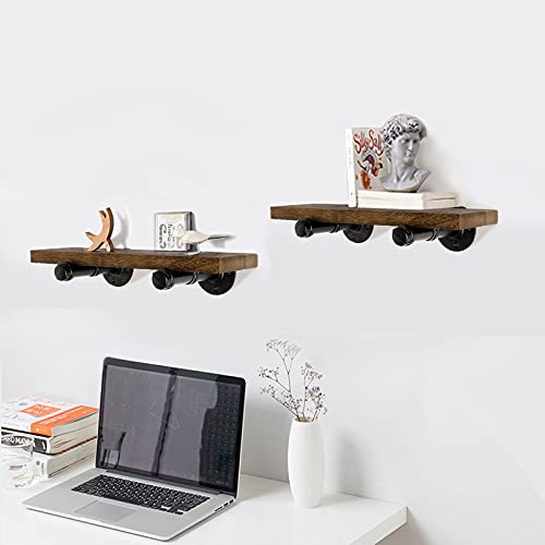 Wall Mounted Floating Shelves, Floating Shelves with Industrial Pipe Brackets Set of 2 Rustic Wood Storage Shelf for Bedroom Living Room Bathroom Kitchen Office and More (2, Brown) - view 2