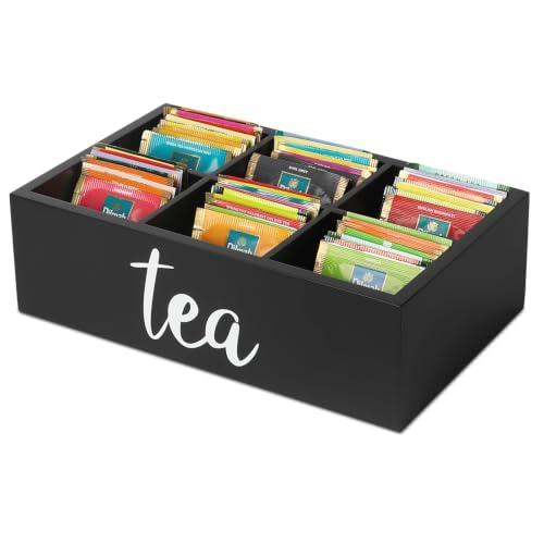 Tea Bag Organizer, Wood Tea Storage Containers with 6 Compartments, Sugar Packet Holder,Tea Bag Caddy Box for Cabinet Countertop Office (Black-Labeled "Tea")