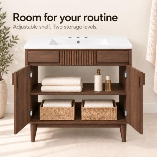 36 Inch Bathroom Vanity with Sink, Mid Century Walnut Freestanding Vanity Cabinet with Ceramic Sink Top, Solid Wood Legs, Vertical Slatted Accent, Soft Close Doors and Storage - view 6