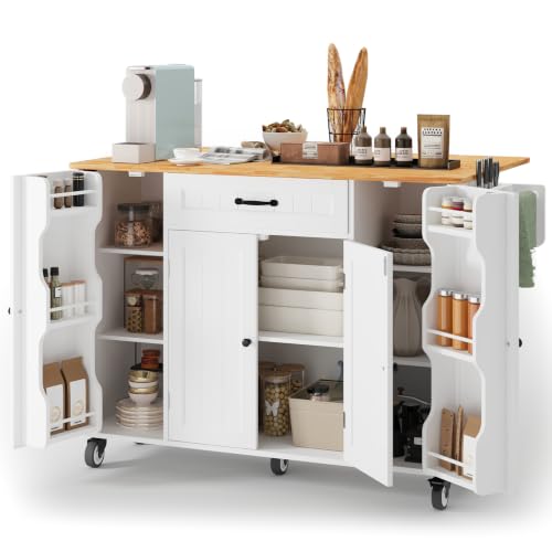47.6" Kitchen Island with Storage, Drop Leaf, Knife Holder, White