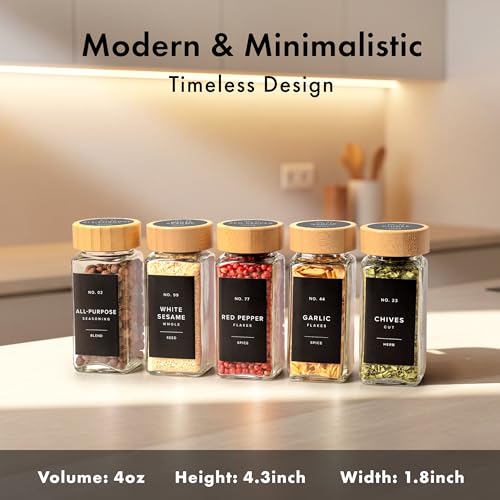 Glass Spice Jars with Label, 36x Bamboo Wooden Lids - Black Labels - view 2