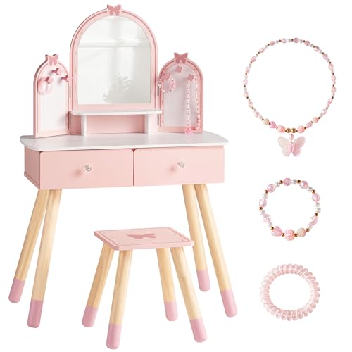 Pink Kids Vanity Set with Butterfly Mirror Stool Age 3+, 39in×27in