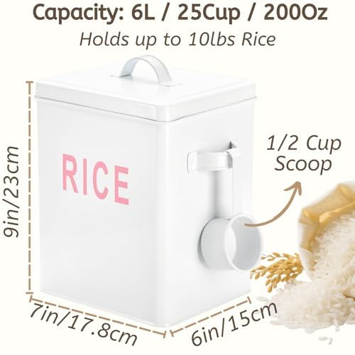 10 Lbs Metal Rice Storage Container, Square Rice Canister with Lid and Measuring Scoop, Countertop Sealed Food Storage Container for Cereal, Beans, Pet Food, White - view 2