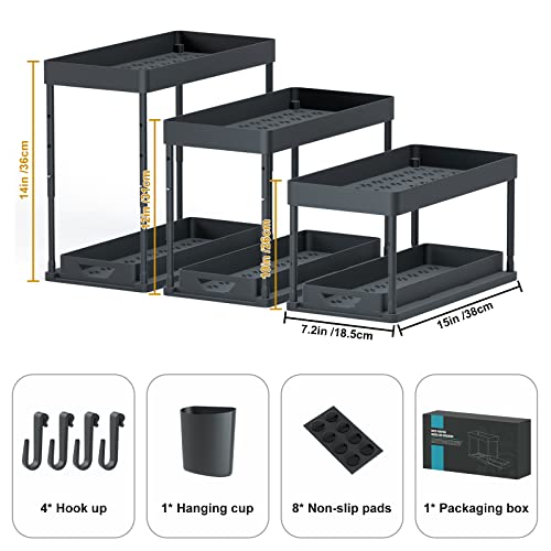 Under Sink Shelf Kitchen Organiser 2-Tier Drawer Organiser Liftable Cabinet Organiser Kitchen with 4 Hooks, 8 Non-Slip Pads & 1 Hanging Cup Storage (2 Pack, Black) - view 4