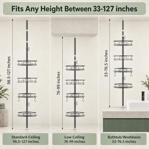 Shower Corner Caddy Organizer, Rustproof 4-Tier Tension Pole Shelf, Grey - view 4