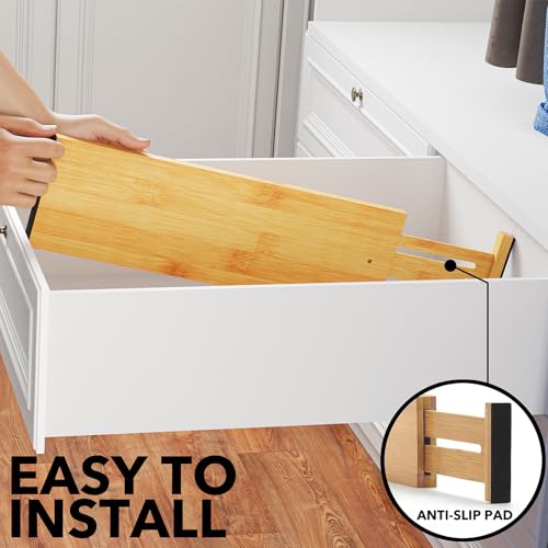 Bamboo 4 Pack Dresser Drawer Dividers, 4.65“ High Adjustable 17“-22” Drawer Organizers, Expandable Organization for Clothing, Clothes, Dressers, Natural - view 6