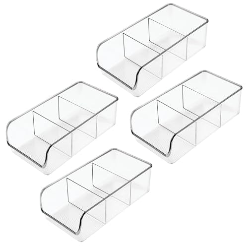 Plastic Food Storage Bin Organizer with 3 Compartments for Kitchen Cabinet, Pantry, Shelf, Drawer, Fridge, Freezer Organization - Holds Snack Bars - Ligne Collection - 4 Pack - Clear