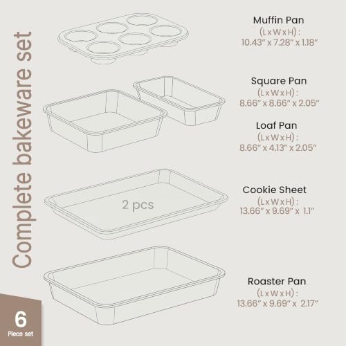 BAKKEN Nonstick Carbon Steel Bakeware Set - 6 Piece Kitchen Baking Trays, Non Toxic Stackable Oven Pans Bundle with Cookie Sheets, 6 Cup Muffin, Roaster, Square Cake, and Loaf Pan for Bread - view 2
