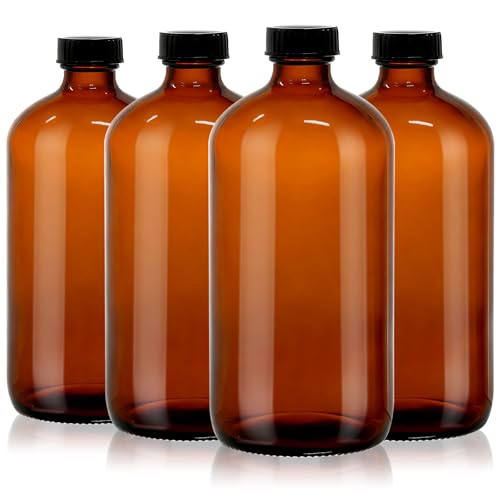 4 Pack 32 oz Amber Glass Boston Round Bottles with Polycone Caps
