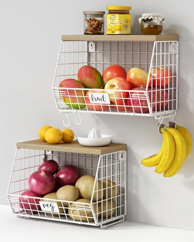 White Fruit Storage Basket for Kitchen Counter Set of 2, Wall Mount Wire Fruit Basket with Shelf with Banana Hanger, Hanging Countertop Organizer for Bathroom Pantry Cabinet, White + Natural