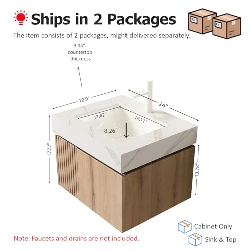 24" Floating Bathroom Vanity with Sink, Plywood Frame, Light Oak - view 2